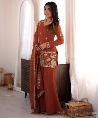 Orange crunchy silk blend embroidered kurta set with bell bottom & dupatta 2