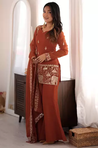 Orange crunchy silk blend embroidered kurta set with bell bottom & dupatta