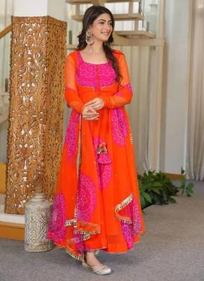 Orange digital print georgette anarkali suit set with dupatta 1