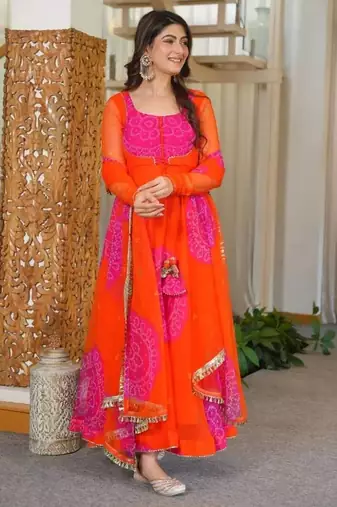 Orange digital print georgette anarkali suit set with dupatta