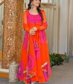 Orange digital print georgette anarkali suit set with dupatta