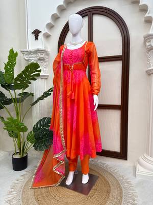Orange digital print georgette anarkali suit set with dupatta 2