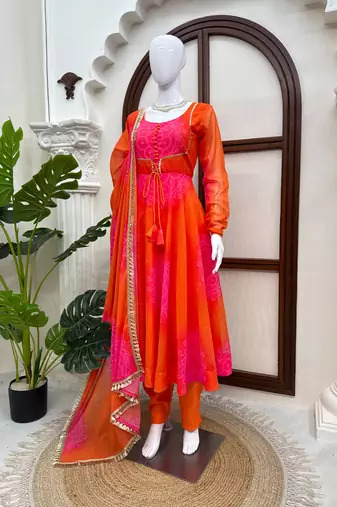 Orange digital print georgette anarkali suit set with dupatta