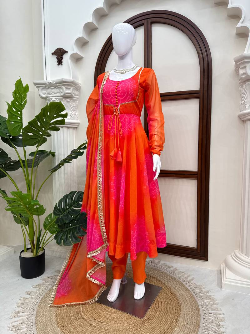 Orange digital print georgette anarkali suit set with dupatta