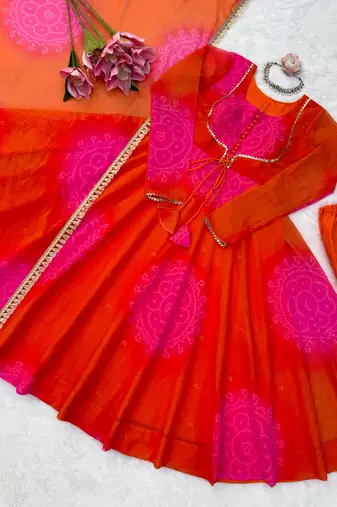 Orange digital print georgette anarkali suit set with dupatta