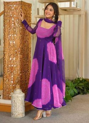 Purple digital print georgette anarkali suit set with dupatta 1
