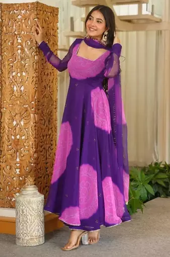 Purple digital print georgette anarkali suit set with dupatta