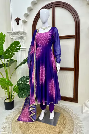 Purple digital print georgette anarkali suit set with dupatta