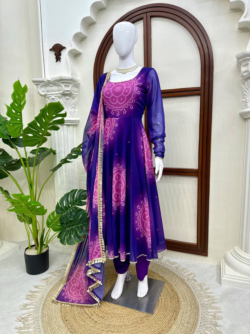 Purple digital print georgette anarkali suit set with dupatta