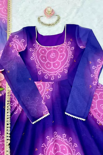 Purple digital print georgette anarkali suit set with dupatta