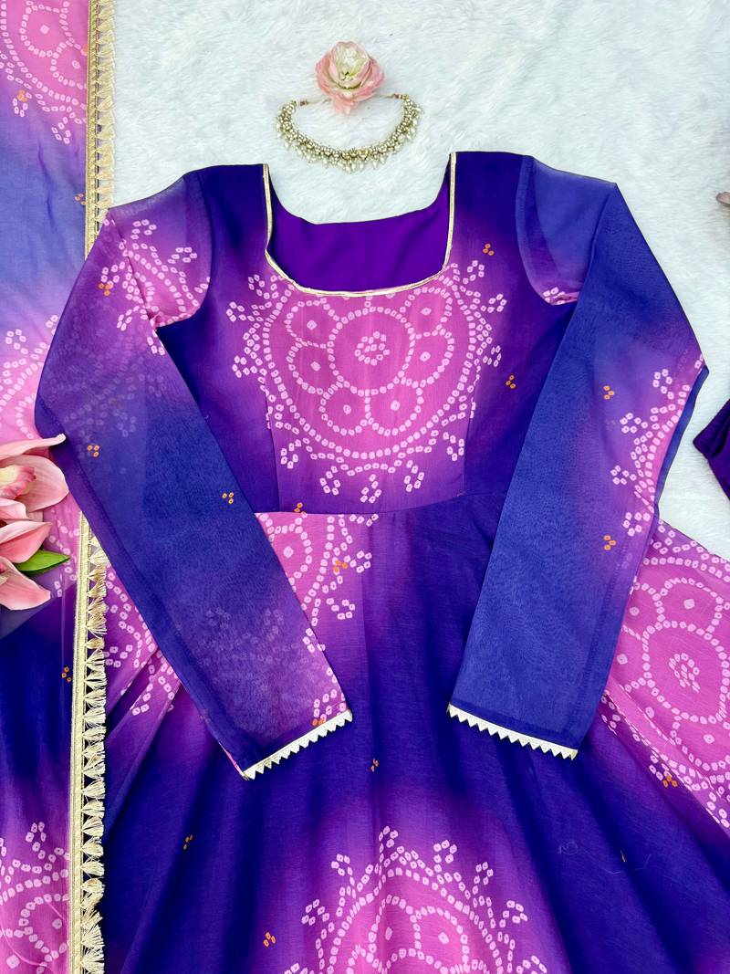 Purple digital print georgette anarkali suit set with dupatta