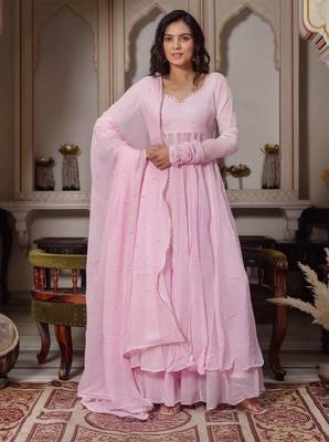 Pink handwork anarkali suit set with palazzo & dupatta 1