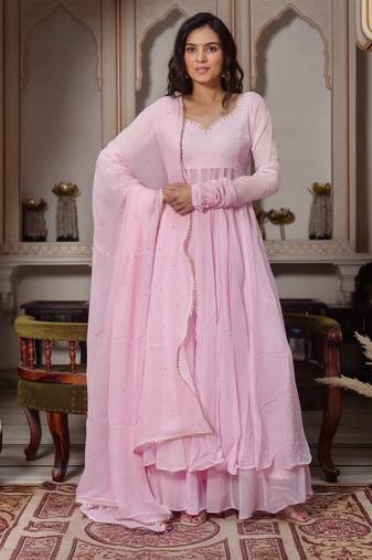Pink handwork anarkali suit set with palazzo & dupatta