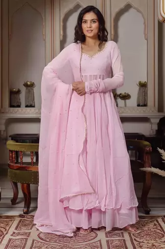 Pink handwork anarkali suit set with palazzo & dupatta