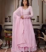 Pink handwork anarkali suit set with palazzo & dupatta