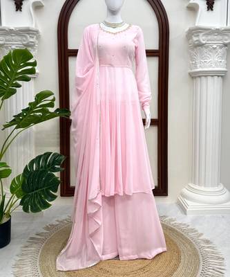 Pink handwork anarkali suit set with palazzo & dupatta 2