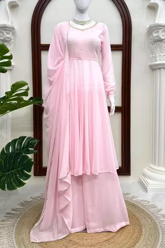 Pink handwork anarkali suit set with palazzo & dupatta