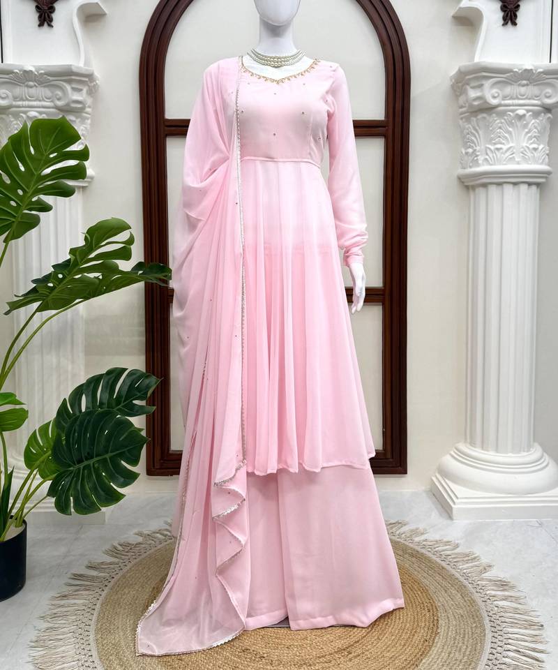 Pink handwork anarkali suit set with palazzo & dupatta