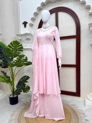 Pink handwork anarkali suit set with palazzo & dupatta 3