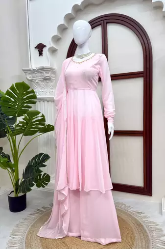 Pink handwork anarkali suit set with palazzo & dupatta