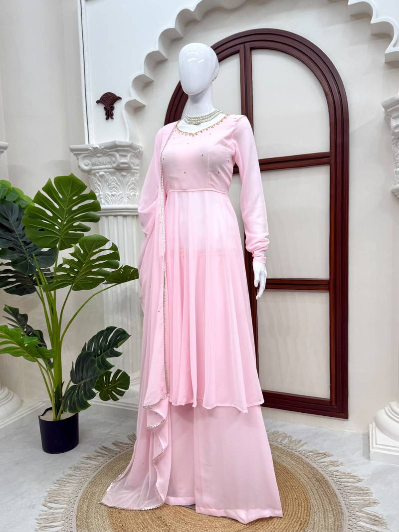 Pink handwork anarkali suit set with palazzo & dupatta