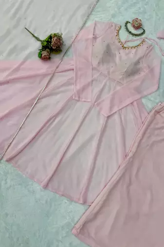 Pink handwork anarkali suit set with palazzo & dupatta