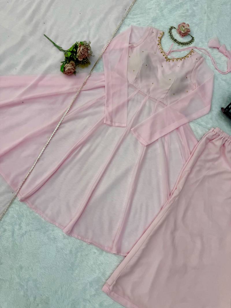 Pink handwork anarkali suit set with palazzo & dupatta