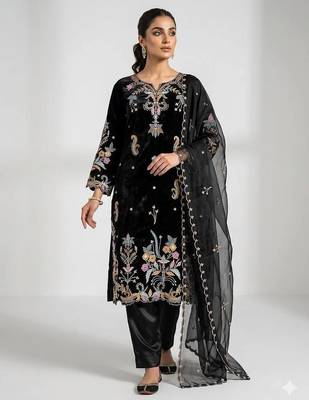 Black glass roman kurta pant set with organza dupatta 1