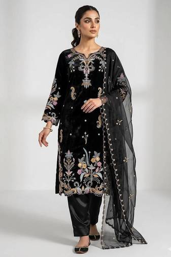 Black glass roman kurta pant set with organza dupatta