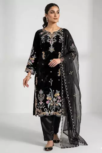 Black glass roman kurta pant set with organza dupatta