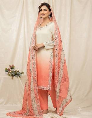 Coral crepe silk blend mirror kurta pant set with dupatta 1
