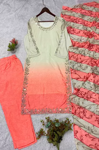 Coral crepe silk blend mirror kurta pant set with dupatta