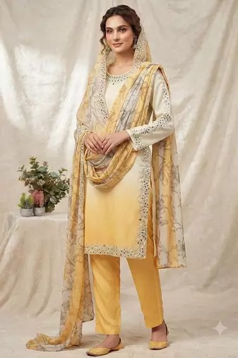 Yellow crepe silk blend mirror kurta pant set with dupatta