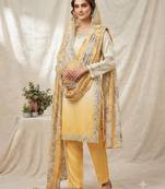 Yellow crepe silk blend mirror kurta pant set with dupatta