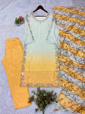 Yellow crepe silk blend mirror kurta pant set with dupatta 2