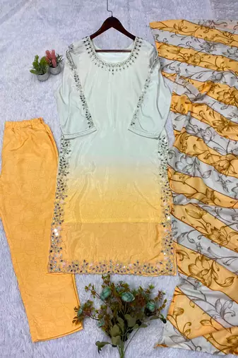 Yellow crepe silk blend mirror kurta pant set with dupatta