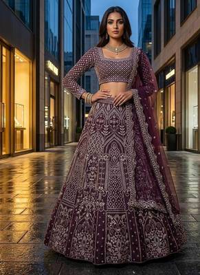 plum color Embroidery Sequins Work Net Lehenga Choli set 1