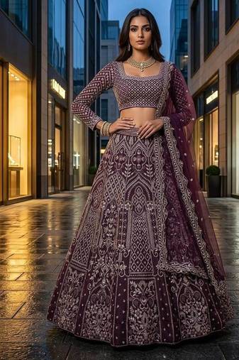 plum color Embroidery Sequins Work Net Lehenga Choli set