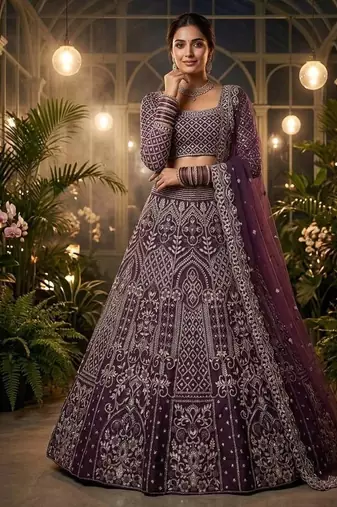 plum color Embroidery Sequins Work Net Lehenga Choli set