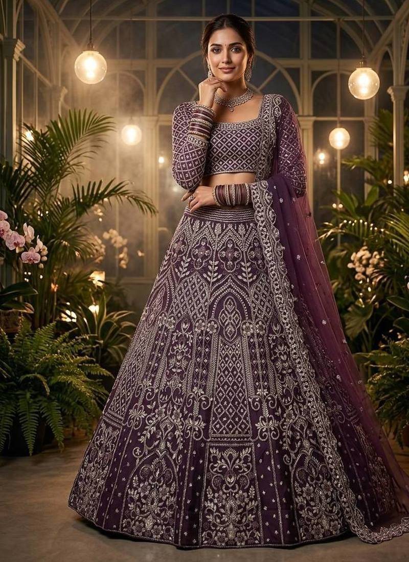 plum color Embroidery Sequins Work Net Lehenga Choli set