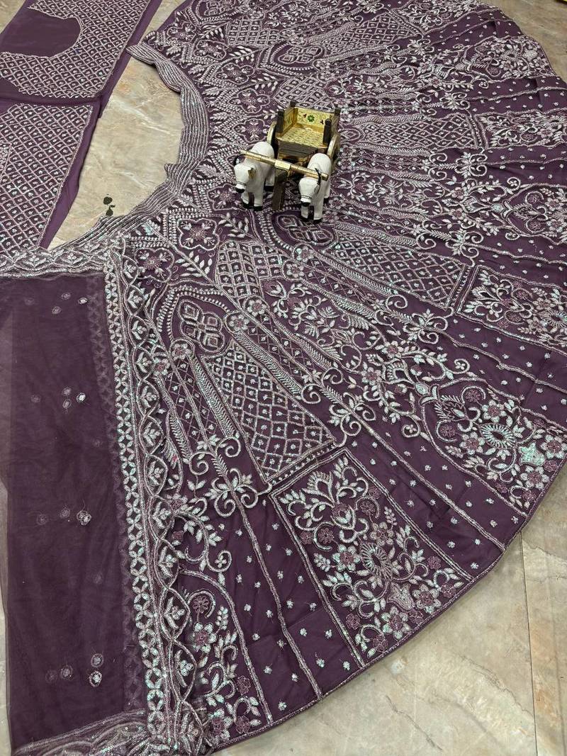plum color Embroidery Sequins Work Net Lehenga Choli set