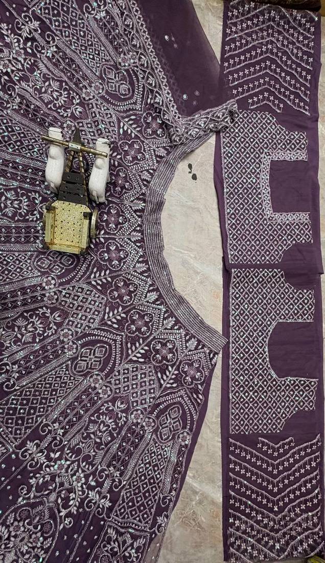plum color Embroidery Sequins Work Net Lehenga Choli set