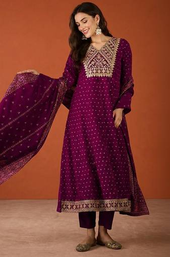 Women's Gorgeous Embroidery Work Vichitra Silk Fabric Flared Kurta Pant and Dupatta Set