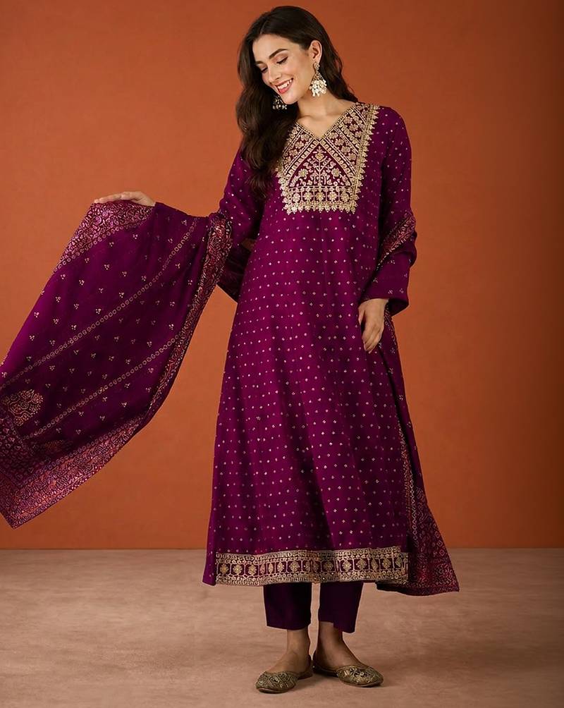 Women's Gorgeous Embroidery Work Vichitra Silk Fabric Flared Kurta Pant and Dupatta Set