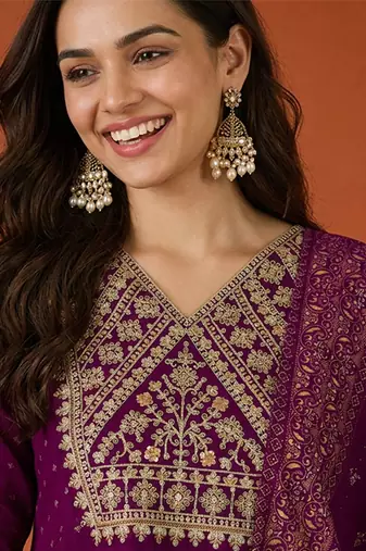 Women's Gorgeous Embroidery Work Vichitra Silk Fabric Flared Kurta Pant and Dupatta Set