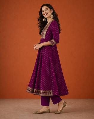 Women's Gorgeous Embroidery Work Vichitra Silk Fabric Flared Kurta Pant and Dupatta Set 3