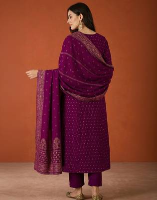 Women's Gorgeous Embroidery Work Vichitra Silk Fabric Flared Kurta Pant and Dupatta Set 4