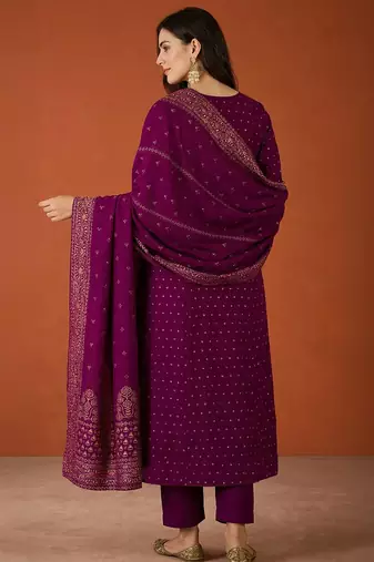 Women's Gorgeous Embroidery Work Vichitra Silk Fabric Flared Kurta Pant and Dupatta Set