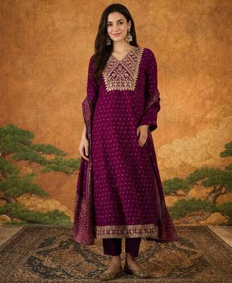 Women's Gorgeous Embroidery Work Vichitra Silk Fabric Flared Kurta Pant and Dupatta Set 5