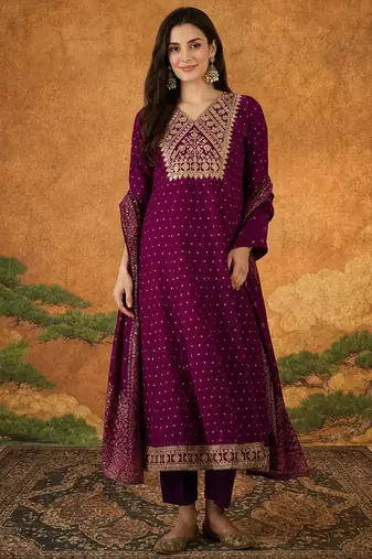 Women's Gorgeous Embroidery Work Vichitra Silk Fabric Flared Kurta Pant and Dupatta Set